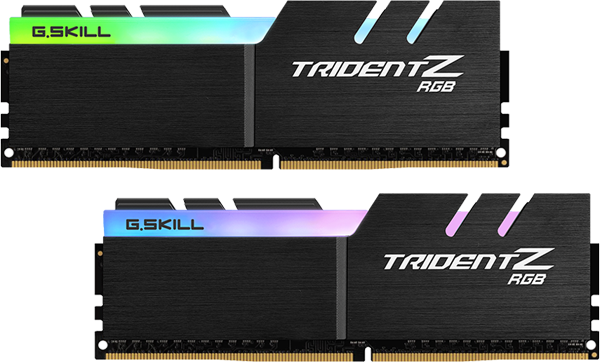  Front view of two TridentZ RGB modules: the top one’s RGB strip illuminated green, and the bottom one’s RGB strip illuminated purple  